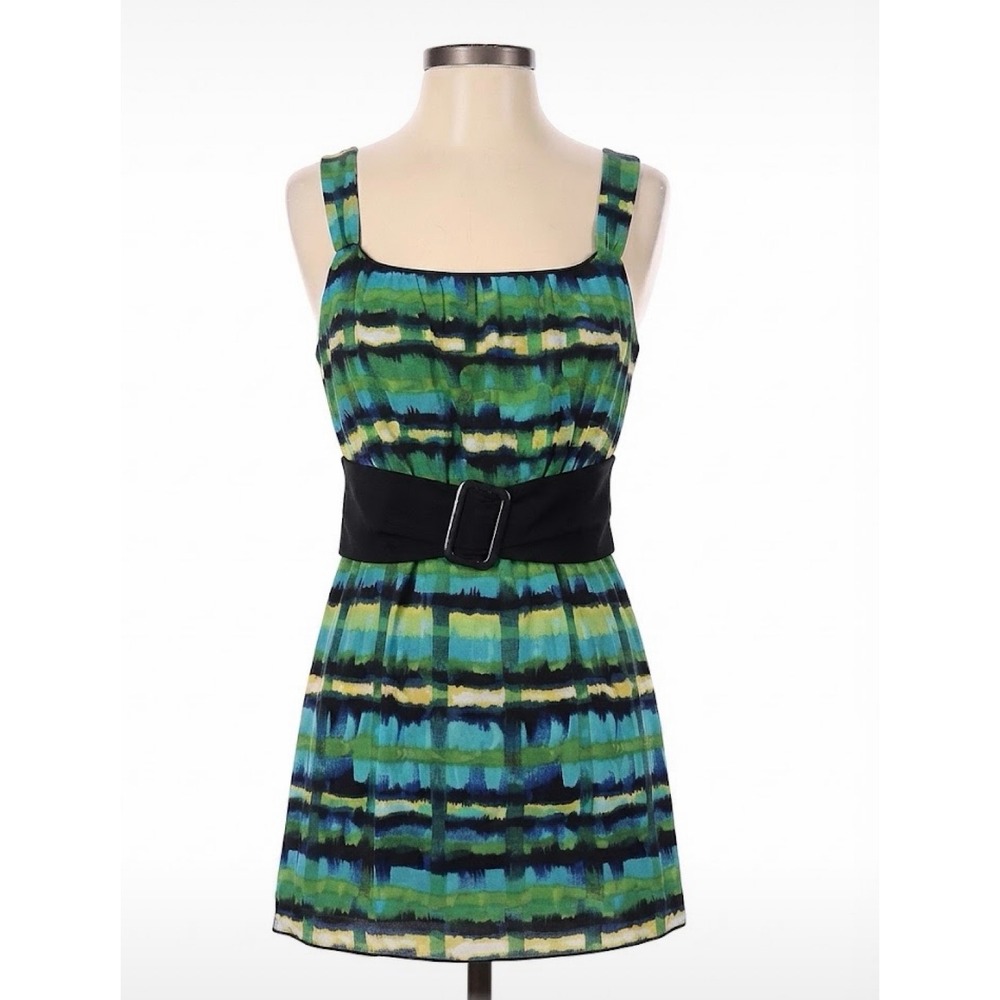 IZ Byer California Green Blue Abstract Stripe Strappy Tie Back Top L Y2K